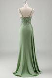 Vestido de fiesta largo con abertura con apliques de tirantes de espagueti sirena verde claro brillante con abertura