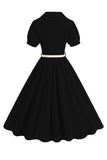 Vestido midi midi de 1950 de manga corta y escote en V negro con cinturón