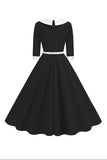 Vestido midi negro de manga corta con escote en V y línea A de la década de 1950