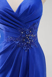 Vestido de fiesta largo con tirantes de espagueti azul real brillante con abertura