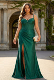 Vestido largo de baile de sirena de talla grande con corsé verde oscuro brillante y abertura