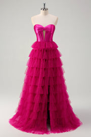 Lindo Fuchsia Sweetheart Ojo de cerradura Tul escalonado Princesa Vestidos de Fiesta Largos con Abertura