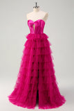 Lindo Fuchsia Sweetheart Ojo de cerradura Tul escalonado Princesa Vestidos de Fiesta Largos con Abertura