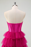 Lindo Fuchsia Sweetheart Ojo de cerradura Tul escalonado Princesa Vestidos de Fiesta Largos con Abertura