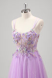 Vestido de fiesta con apliques florales lilas con cuentas brillantes