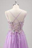 Vestido de fiesta con apliques florales lilas con cuentas brillantes