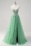 Verde claro brillante A Line Spaghetti Tirantes Corsé Tulle Vestido de Fiesta con Abertura