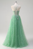 Verde claro brillante A Line Spaghetti Tirantes Corsé Tulle Vestido de Fiesta con Abertura