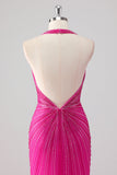 Vestido largo de fiesta con cuentas y espalda abierta de sirena fucsia con abertura