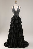 Vestido de graduación largo con volantes negros con volantes A Line Header con cuentas y espalda abierta