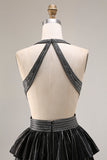 Vestido de graduación largo con volantes negros con volantes A Line Header con cuentas y espalda abierta