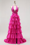 Vestido de graduación largo con volantes negros con volantes A Line Header con cuentas y espalda abierta