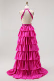 Vestido de graduación largo con volantes negros con volantes A Line Header con cuentas y espalda abierta
