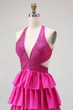 Vestido de graduación largo con volantes negros con volantes A Line Header con cuentas y espalda abierta