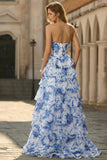 Vestido largo de graduación largo de cintura sin tirantes de flor blanca azul en línea vasca con abertura
