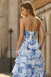 Vestido largo de graduación largo de cintura sin tirantes de flor blanca azul en línea vasca con abertura