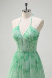 Vestido de fiesta largo con volantes de corsé floral halter de línea A verde con abertura