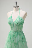 Vestido de fiesta largo con volantes de corsé floral halter de línea A verde con abertura