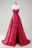 Vestido de fiesta con corsé largo de princesa jacquard floral fucsia con abertura