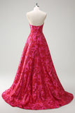 Vestido de fiesta con corsé largo de princesa jacquard floral fucsia con abertura