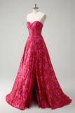 Vestido de fiesta con corsé largo de princesa jacquard floral fucsia con abertura