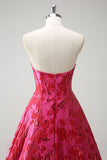 Vestido de fiesta con corsé largo de princesa jacquard floral fucsia con abertura