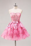 Vestido de regreso a casa con corsé sin tirantes floral floral fucsia con lazos