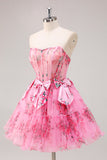 Vestido de regreso a casa con corsé sin tirantes floral floral fucsia con lazos