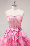 Vestido de regreso a casa con corsé sin tirantes floral floral fucsia con lazos
