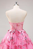 Vestido de regreso a casa con corsé sin tirantes floral floral fucsia con lazos