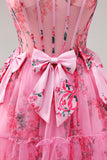 Vestido de regreso a casa con corsé sin tirantes floral floral fucsia con lazos