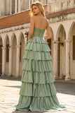 Vestido largo largo de graduación de la Princesa Vasca Verde con volantes y volantes