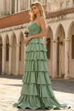 Vestido largo largo de graduación de la Princesa Vasca Verde con volantes y volantes