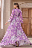 Vestido de fiesta largo de manga larga de gasa con estampado floral morado con cuello en V