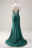 Vestido de fiesta largo con corsé halter de sirena verde oscuro brillante con abertura