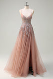 Lavanda A Line Spaghetti Straps Tul Vestido de Fiesta Largo con Cuentas con Abertura