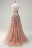 Lavanda A Line Spaghetti Straps Tul Vestido de Fiesta Largo con Cuentas con Abertura