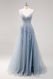 Lavanda A Line Spaghetti Straps Tul Vestido de Fiesta Largo con Cuentas con Abertura