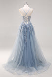 Lavanda A Line Spaghetti Straps Tul Vestido de Fiesta Largo con Cuentas con Abertura