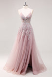 Lavanda A Line Spaghetti Straps Tul Vestido de Fiesta Largo con Cuentas con Abertura