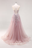Lavanda A Line Spaghetti Straps Tul Vestido de Fiesta Largo con Cuentas con Abertura