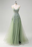 Lavanda A Line Spaghetti Straps Tul Vestido de Fiesta Largo con Cuentas con Abertura