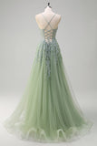 Lavanda A Line Spaghetti Straps Tul Vestido de Fiesta Largo con Cuentas con Abertura