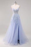 Lavanda A Line Spaghetti Straps Tul Vestido de Fiesta Largo con Cuentas con Abertura