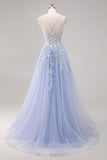 Lavanda A Line Spaghetti Straps Tul Vestido de Fiesta Largo con Cuentas con Abertura