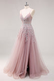 Lavanda A Line Spaghetti Straps Tul Vestido de Fiesta Largo con Cuentas con Abertura