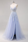 Lavanda A Line Spaghetti Straps Tul Vestido de Fiesta Largo con Cuentas con Abertura