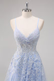Lavanda A Line Spaghetti Straps Tul Vestido de Fiesta Largo con Cuentas con Abertura