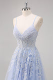 Lavanda A Line Spaghetti Straps Tul Vestido de Fiesta Largo con Cuentas con Abertura