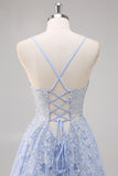 Lavanda A Line Spaghetti Straps Tul Vestido de Fiesta Largo con Cuentas con Abertura